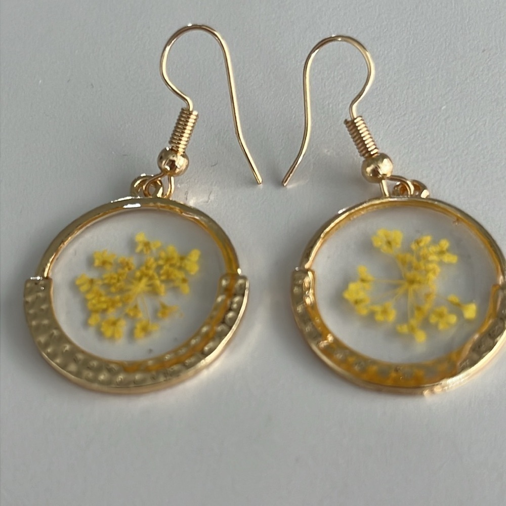 Botanical Bloom Yellow Pressed Flower Hoop Earrings Gold Tone